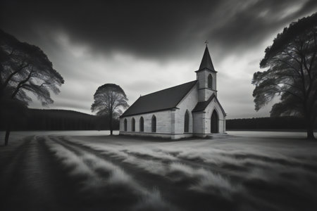 Black and white image of an old church in the middle of a lake. generative aiの素材