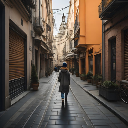 Woman walking in the street of the old town. generative aiの素材