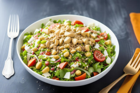 Salad with quinoa, tomatoes and pine nuts on wooden background. generative aiの素材