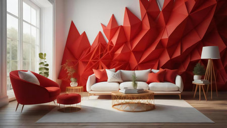 Modern interior design of living room with red wall and white sofa. generative aiの素材