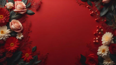 Flowers composition. Frame made of flowers on red background. Flat lay, top view, copy space. generative aiの素材