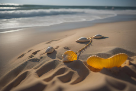 Seashells on the beach in the morning. Selective focus. ai generatedの素材