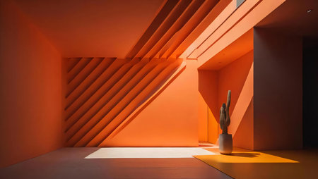 Interior of a modern room with orange walls and a vase. generative aiの素材
