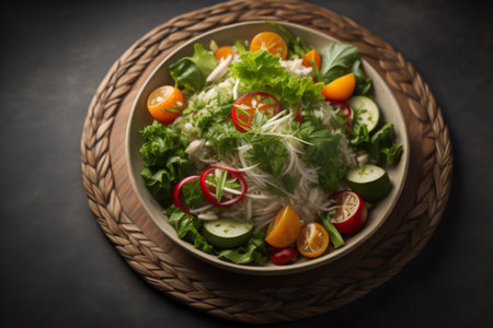 Fresh vegetable salad in a bowl on a dark background, top view. ai generatedの素材