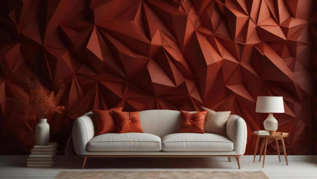 Interior of modern living room with red geometric wall. generative aiの素材