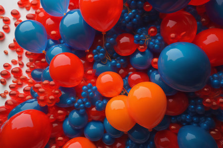 Bright balloons and berries on white background, top view. ai generatedの素材