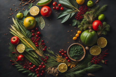 Healthy food background. Top view of fresh vegetables, herbs and spices on dark background. generative aiの素材