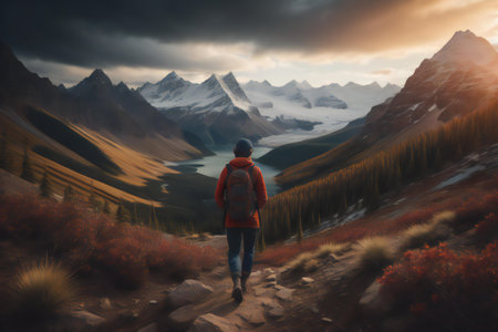 Woman hiker walking on the trail to the top of the mountain. generative aiの素材