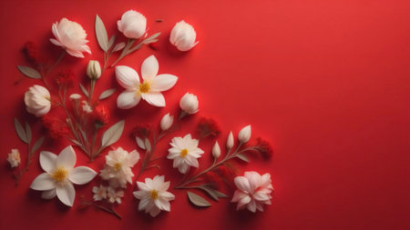 White flowers on a red background. Flat lay, top view. generative aiの素材