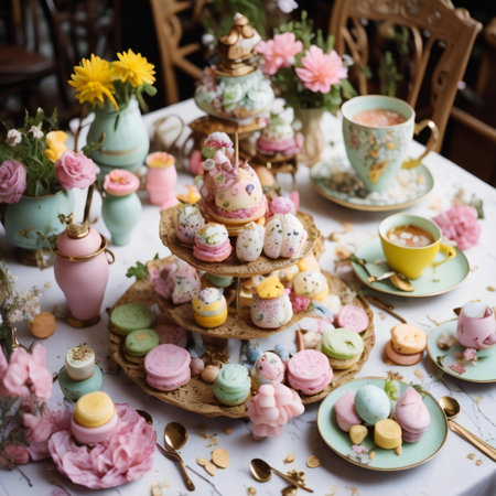 Candy bar with macaroons, cup of coffee and flowers. generative aiの素材