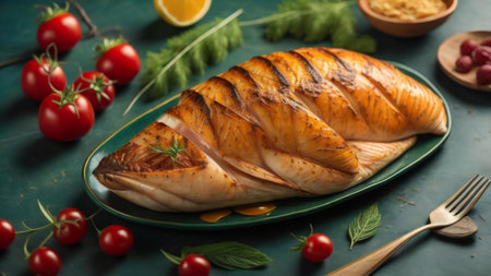 Baked turkey breast on a green plate with tomatoes, herbs and spices. generative aiの素材