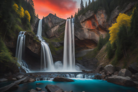 Beautiful waterfall in Yosemite National Park, California, USA. Long exposure. generative aiの素材