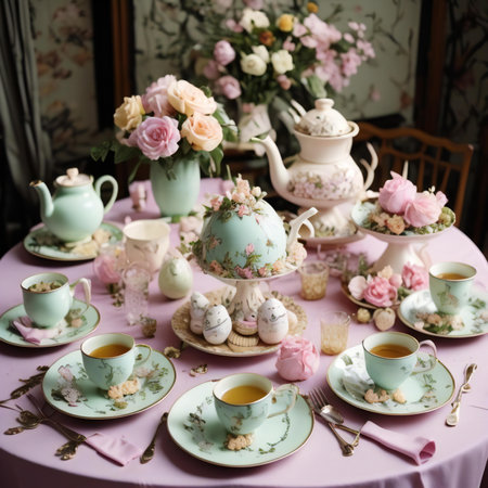 Cup of tea with teapot and pastel pink flowers. generative aiの素材