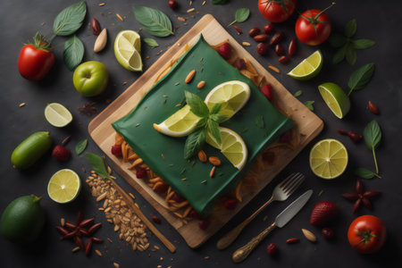 Green tea cake with lime and nuts on a black background, top view. ai generatedの素材