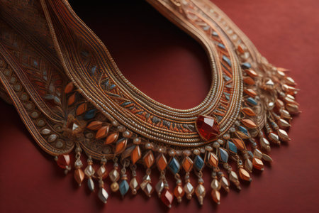 A closeup shot of a necklace and earrings on a red background. generative aiの素材