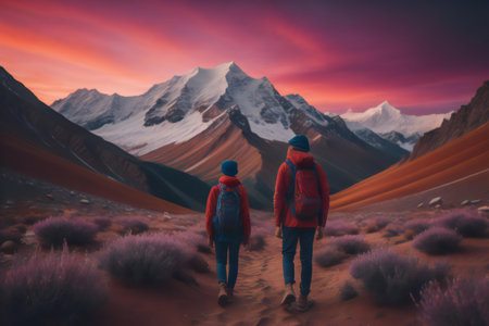 Hiking couple walking in the desert at sunset. ai generatedの素材