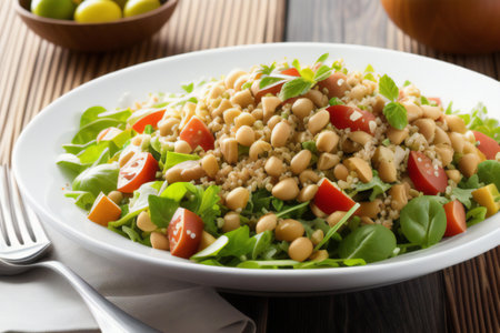 Salad with chickpeas, arugula, tomatoes and olives. generative aiの素材