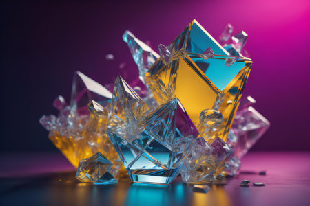 broken glass crystal cubes on purple background. Creative concept. ai generatedの素材