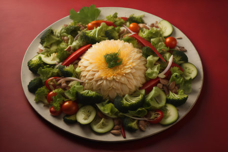 vegetable salad on the red background. Vegetarian food. ai generatedの素材