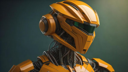 robot in orange helmet on dark green background, future technology concept. generative aiの素材