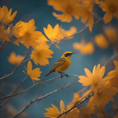 Beautiful yellow flowers in the garden with a bird sitting on a branch. generative aiの素材