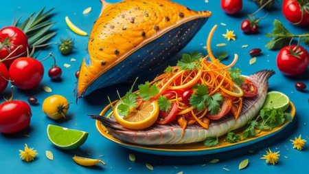 Baked fish with vegetables on blue background. Healthy food concept. generative aiの素材