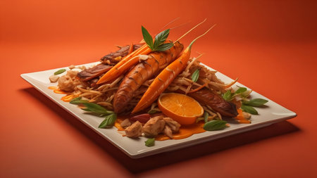 Chinese food on a white plate with orange and carrot, close up. generative aiの素材