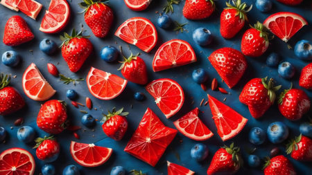 Strawberries, blueberries and grapefruits on blue background. generative aiの素材