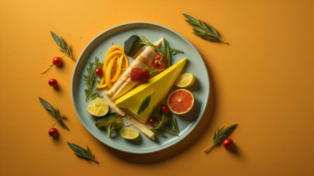 Healthy breakfast with cheese, fruits and vegetables on a yellow background. generative aiの素材