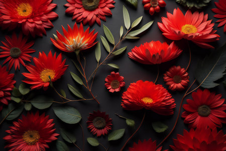 Red gerbera flowers and eucalyptus leaves on black background. generative aiの素材