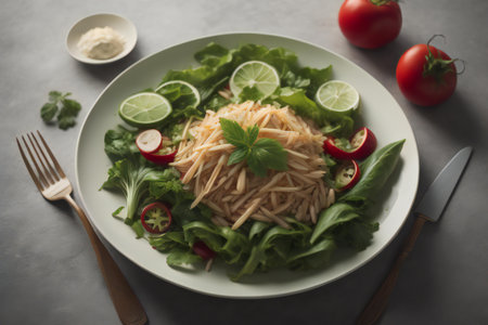 Salad with fresh vegetables and pasta on table, closeup view. generative aiの素材