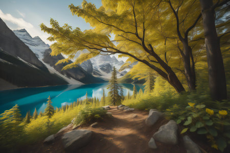 Fantasy landscape with lake and mountains in the background. Digital painting. generative aiの素材