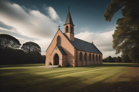 Church in the middle of a green field with trees in the background. generative aiの素材