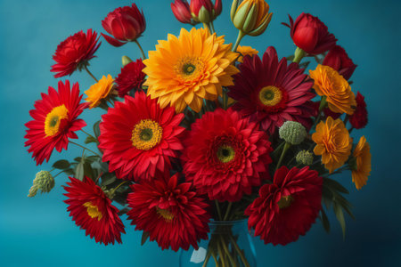 Bouquet of red and yellow gerbera flowers on blue background. generative aiの素材
