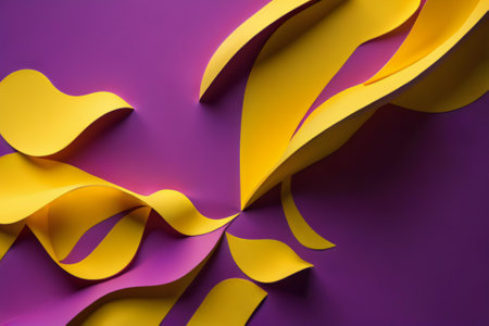 Abstract background with curved yellow and purple ribbons. generative aiの素材