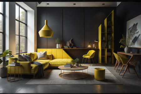Interior of modern living room with gray walls, concrete floor, yellow sofa standing near round coffee table and yellow armchair. ai generatedの素材