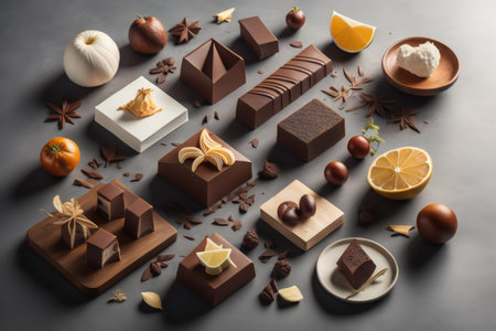Set of chocolate candies on a black background, top view. ai generatedの素材
