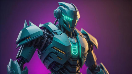 a female robot with green glow isolated on purple background. generative aiの素材