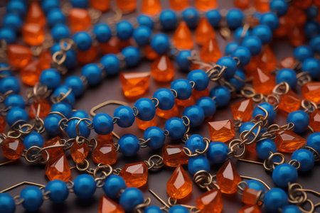 Close up of a necklace made of orange and blue beads on a dark background. generative aiの素材