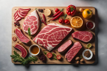 Raw beef meat with spices and vegetables on wooden board, top view. generative aiの素材