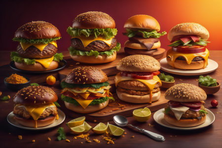 Hamburgers on a wooden table. Close-up. generative aiの素材