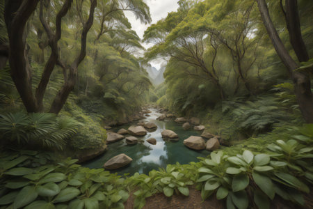 a beautiful tropical forest with a river in the middle. generative aiの素材