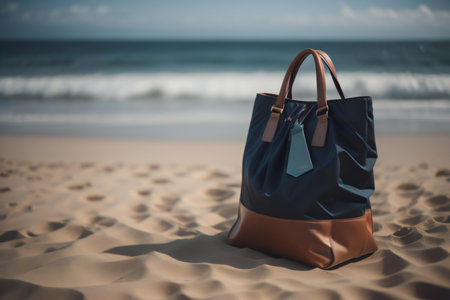 Beach bag on the sand with sea and blue sky background. generative aiの素材