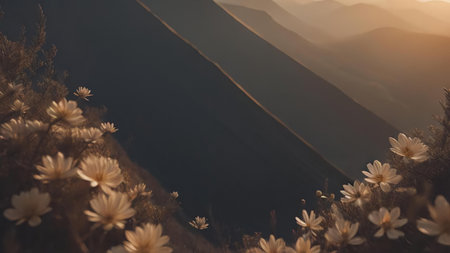 Beautiful flowers in the mountains at sunset. Nature background. Vintage filter. generative aiの素材