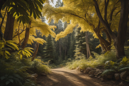 Beautiful landscape in the forest with yellow leaves in the morning. generative aiの素材