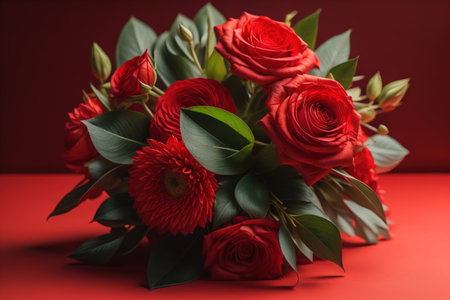 Beautiful bouquet of red roses on red background, closeup. generative aiの素材