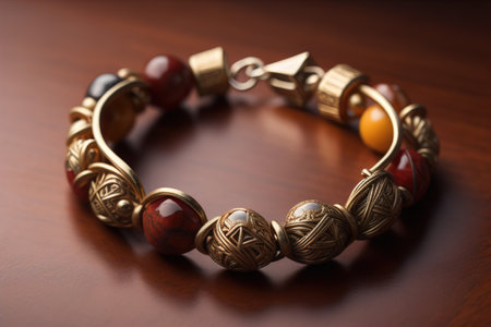 Beautiful bracelet on wooden table close-up. Luxury jewelry. generative aiの素材