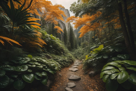 Beautiful nature landscape in the forest with pathway in the mountains. generative aiの素材