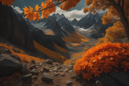 Fantasy landscape with mountains and autumn trees. generative aiの素材