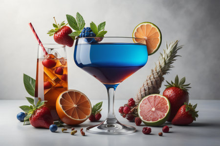 Blue cocktail in martini glass with fruits and berries on gray background. generative aiの素材